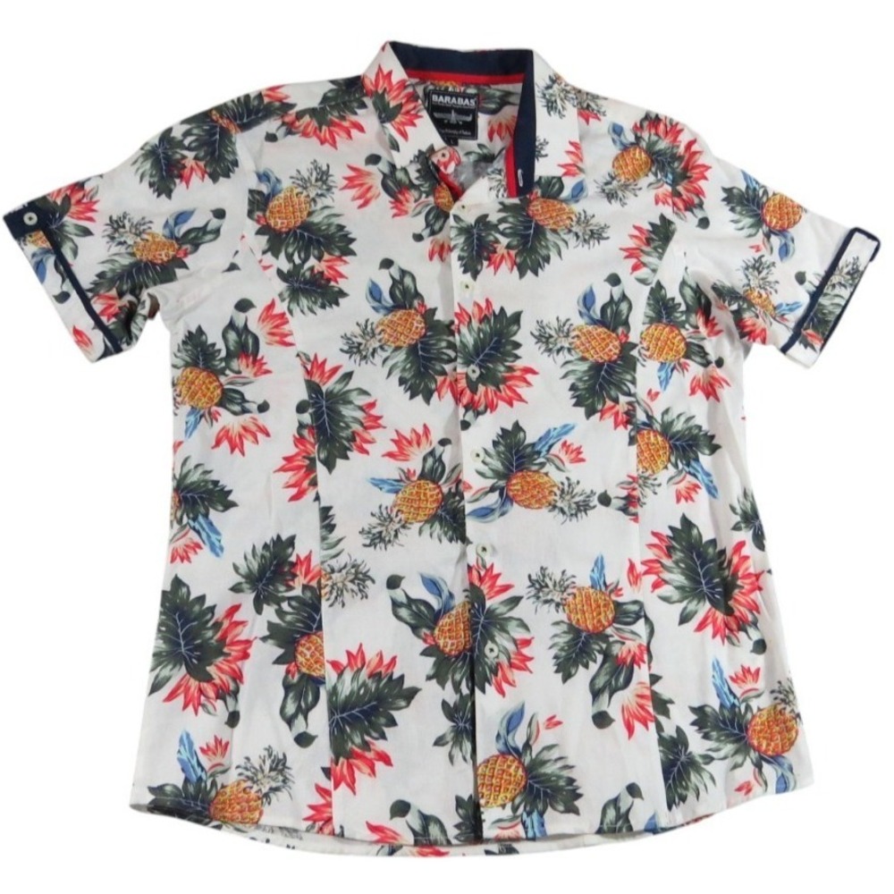 Barabas Hawaiian Shirt Men L White Pineapple Floral Linen Resort Tropical Button